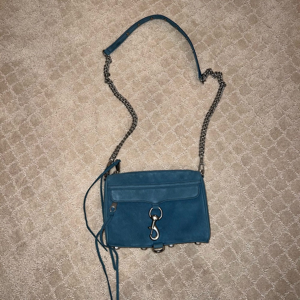 Rebecca Minkoff Blue Suede Crossbody Purse with Silver Chain